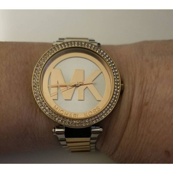 Michael Kors Women's Parker Two-Tone Rose Gold & Silver Crystal Bezel Watch - Picture 7 of 8